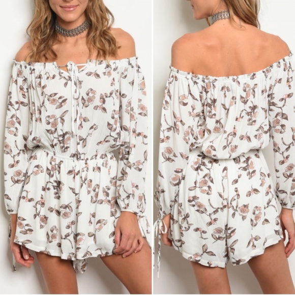 OFF SHOULDER FLORAL ROMPER IVORY - Picture 3 of 4